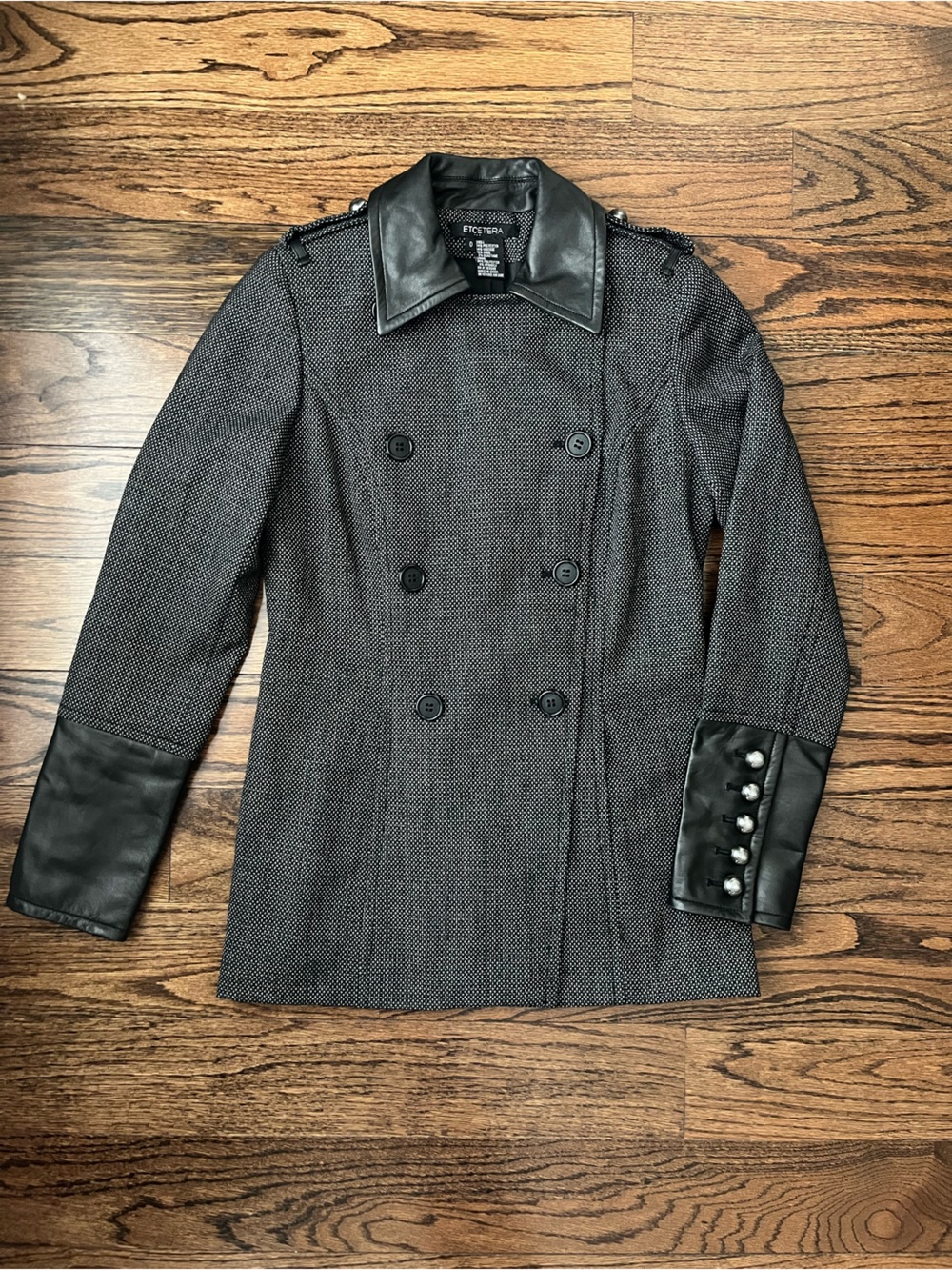 Etcetera Military Style Double Breasted Jacket with Black Leather Trim